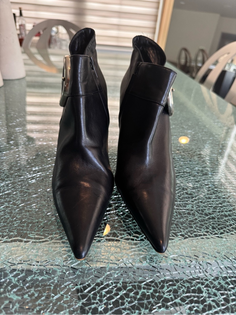 Christian Lacroix Black Pointed Toe Ankle Boots with Side Buckle Accent 39.5